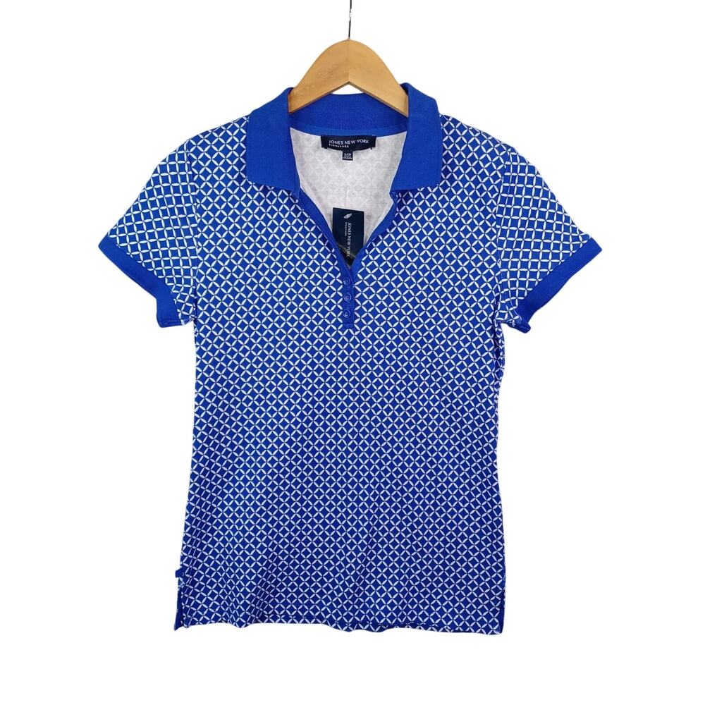 NWT Jones New York Women's Cap Sleeve Polo Shirt‎ Size S Royal Blue White Cotton